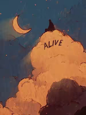 An artistic illustration depicting a night sky with a crescent moon, small stars, and a person sitting on a large cloud. The cloud has the word 'ALIVE' written on it, suggesting themes of hope and well-being.