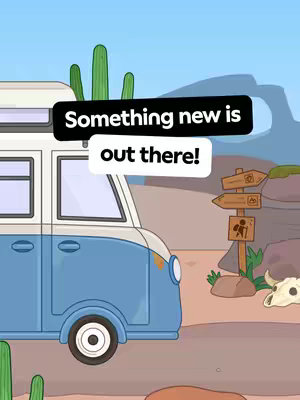 An animated scene of a blue and white camper van driving through a desert landscape with cacti and mountains. A signpost points towards a walking trail.