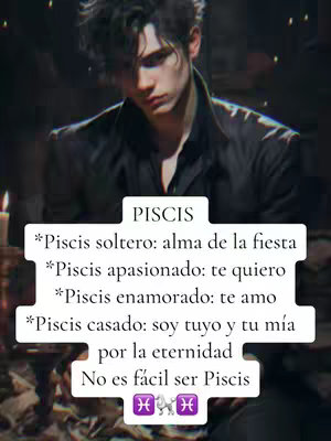 An image featuring a young man with dark hair looking pensively downwards. He is wearing a dark outfit. The background is dimly lit, perhaps indoors, with a soft glow visible. Overlaid on the image is a white text box with information about the zodiac sign Pisces and its characteristics, using a casual font.
