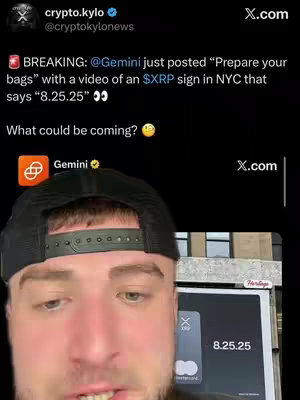 The cover image is a vertical screencap of a social media post, likely from Twitter. It shows a man with a black cap in front of a screen displaying the Gemini App logo, and an image of an XRP Mastercard. The man is looking at the camera with a serious expression, and in the background is some blurred outdoor architecture.