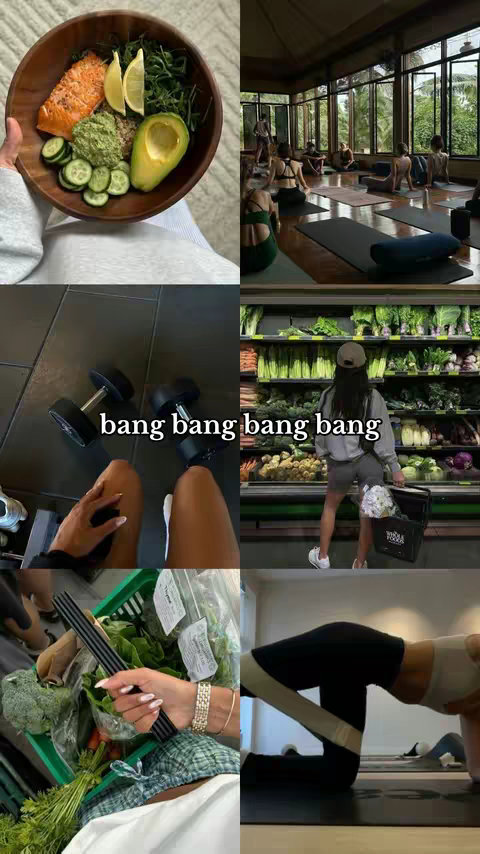 A multi-panel image portraying different aspects of a healthy lifestyle. It includes a bowl of food, people practicing yoga, a view of some dumbbells, a person's legs and arms, and images of a shopping cart with fresh produce. A text overlay reads 'bang bang bang bang'.