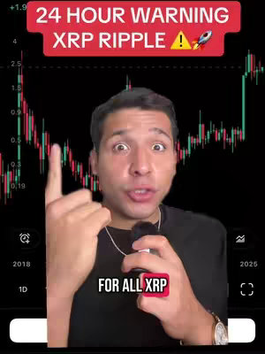 A man with wide eyes pointing upwards in front of a stock chart background. The top graphic displays a red banner with white text reading "24 HOUR WARNING XRP RIPPLE" along with an exclamation mark and a rocket icon. A red sticker below says "FOR ALL XRP"