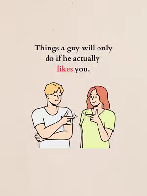 A vertical composition featuring an illustrated boy and girl, both with light skin and dark hair, each pointing at the other. The background is a soft peach, providing a neutral setting. The text overlay reads 'Things a guy will only do if he actually likes you.'