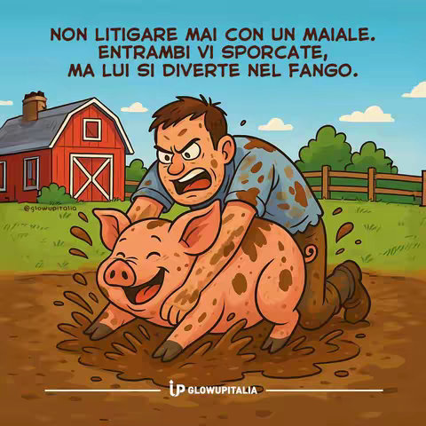 An illustrated image depicts a man in a blue shirt and brown pants wrestling a pig in muddy water, with a barn in the background. The man has a strained expression, while the pig seems to be enjoying itself. The text overlayed on the top explains the joke.