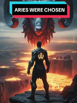 An AI-generated image presents an imposing figure, viewed from the back, standing atop a rocky precipice overlooking a fiery, volcanic landscape. Above, a colossal ram's head hovers in the sky, its form rendered with intricate detail suggesting ancient power. Overlayed at the top is a banner with bold white text on a black and red background, reading 'ARIES WERE CHOSEN'. The composition uses a dramatic color palette with shades of orange, red, and black, enhancing the imposing and epic feel.