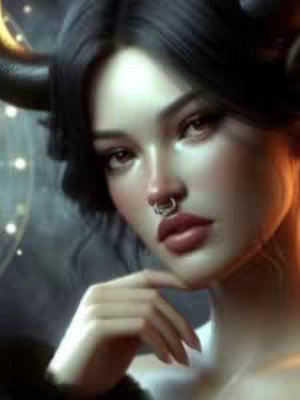 A digital art image of a woman with dark hair, a nose ring, and the horns of a bull. She is looking directly at the viewer with a contemplative expression. The background is dark and blurred with some subtle lighting effects, emphasizing the woman's features.