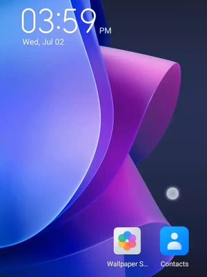 The image displays a smartphone screen with a colorful, abstract wallpaper featuring shades of blue, purple, and pink. The time 03:59 PM and the date Wed, Jul 02 are displayed at the top. The screen has two app icons at the bottom with text Labels:
1. Wallpaper S...
2. Contacts
