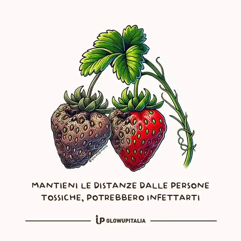 An artistic image featuring two strawberries. One strawberry is ripe and red, while the other is decaying and brown. They are connected to a green vine with leaves against a neutral cream background. The image is designed like a drawing.