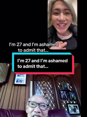 The image is a vertical video showing two simultaneous screens. The top shows a selfie of a woman against a bright background. The bottom portion shows an older man also in a selfie-style shot. Above that, there are some text overlays on a background rectangle, with text.