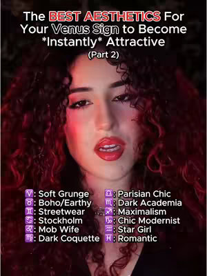 A close-up image of a woman with curly hair and red lipstick. Text overlays the image. The upper text says 'The BEST AESTHETICS For Your Venus Sign to Become *Instantly* Attractive (Part 2)'. Below, various aesthetics are listed with corresponding Venus sign symbols.