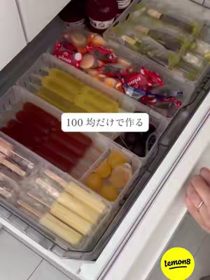 The cover image shows a partially open refrigerator with several clear plastic containers filled with various frozen treats and food items, like popsicles. The text overlay reads '100均だけで作る' in Japanese, placed on a white rectangle.