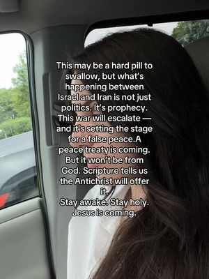 The cover image shows a woman inside of a car. Text on the side explains a prophecy regarding Israel and Iran.