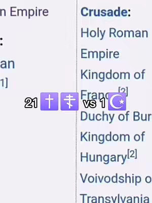 A screenshot from a historical text, displaying the heading 'Crusade' and comparing groups of symbols with the numbers 21 vs 1. The symbols appear to represent religious affiliations, with crosses set against a purple background representing one group and the crescent moon, also on a purple background, representing another.