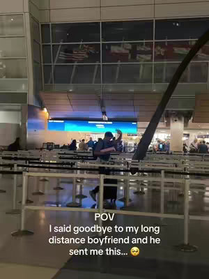 The scene is set in an airport terminal. A person is walking away, carrying luggage, and waving goodbye near a security gate. The surroundings include other travelers, metal barriers, and large windows reflecting the sky and flags.