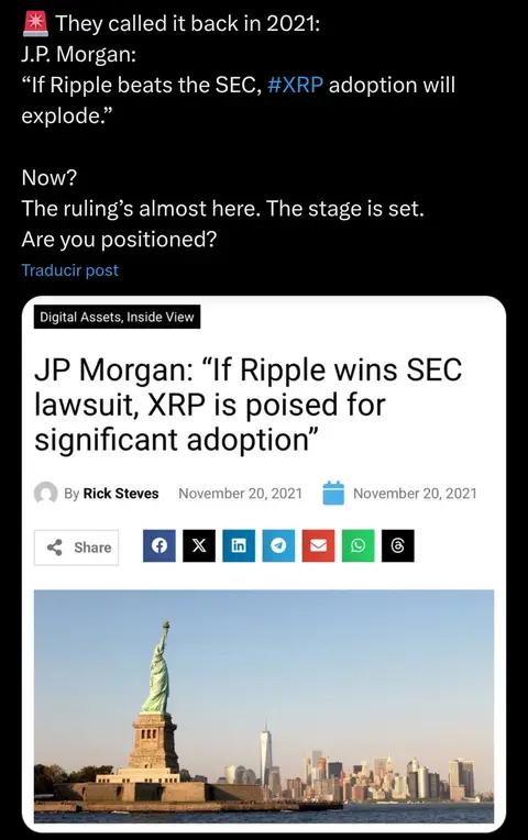 The image is a screenshot of a social media post with the title text overlayed on top. At the bottom sits an image of the statue of liberty and the surrounding scenery. The overlay focuses on a quote from JP Morgan (in 2021) about Ripple's potential post-SEC victory. The text is set against a black background, drawing attention to the financial content. The visual content further highlights the financial theme of the video.
