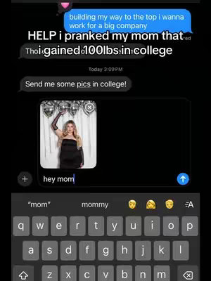 A phone screen displays a text message thread. At the top, a message bubble contains text, and below, a message with a picture of a woman is sent to the mother. The woman in the photo is wearing a black dress and posing. Below the photo, there is text input field with the text 'hey mom' in it.
