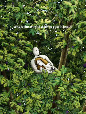 An illustrated image depicts a scene set in a lush, green environment, likely a forest or dense garden. The central focus is on two figures: one figure, with white/pale skin, embracing another person, partially obscured by the first, and wearing a yellow-toned hairstyle. Both figures are situated amidst foliage. The layout suggests tranquility and intimacy.