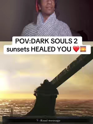 The image is split into two main sections: the upper portion shows a person with a dark complexion wearing a white and blue patterned shirt and a red headset. They are smiling. The lower half displays a scene from the game Dark Souls 2, featuring a character's silhouette against a sunset over water. The scene includes a large sword and text overlay.