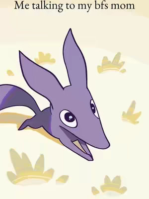 An animated image featuring a purple creature with large eyes and a beak, resembling a cartoon dinosaur or bird. It is set against a light-yellow background with subtle yellow floral-like shapes scattered around. Text overlay says "Me talking to my bfs mom".