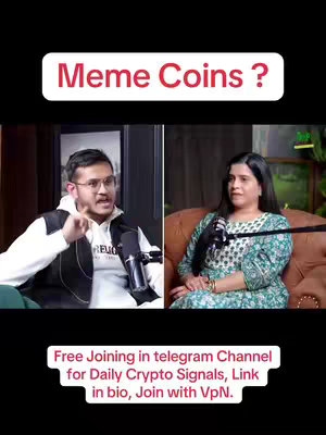 The cover image is a split screen showing a podcast interview. The left side has a man speaking into a microphone, and the right side shows a woman listening. Above them in a white rounded rectangle is the text "Meme Coins ?". Below, text advertises a Telegram channel for daily crypto signals.