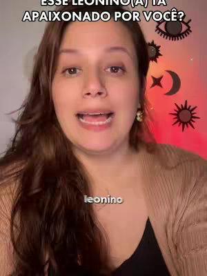 A woman with long brown hair and a light brown cardigan looks directly at the camera. Above her are decorative celestial images against a red backdrop. Text overlays include a question and the word "leonino".