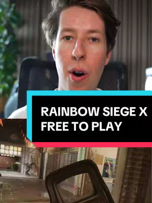 A man with light skin and short brown hair looks directly at the camera with an open mouth. Below him is a rectangular teal box containing white text: 'Rainbow Siege X Free to Play.' The background shows the interior of a room with an unfocused view of a video game.