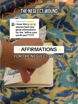 The image shows a person's hand holding a notebook over a colorful floral cloth. A speech bubble from social media and added text overlays provide the context around affirmations and inner child healing.