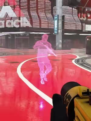 The cover image shows a first-person perspective from a video game. The player's weapon, a yellow and black firearm, is visible in the foreground, with a red surface. In the background, a translucent pink figure of a player is moving. The setting appears to be a futuristic cityscape.