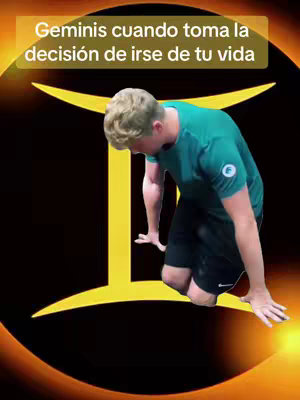 A man kneels in front of the Gemini zodiac symbol, a yellow and black backdrop behind him, with text overlayed.