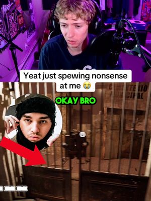 The image is a vertical split screen, with a live video feed of a young, fair-skinned man with blond curly hair in the top section. He's looking at the camera with a concerned expression. The bottom half features a screenshot or game image with a close-up portrait of rapper Yeat in a black beanie, superimposed on a gate or fence in a game. An arrow points from Yeat’s face towards the game environment. Text overlays the image with the phrases 'Yeat just spewing nonsense at me' and 'OKAY BRO' in a speech bubble.