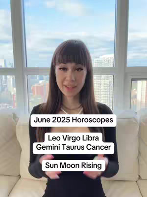 A woman with long dark hair and bangs stands in front of a window. She is wearing a black top. Overlayed on the image are three white rectangular text boxes with black text. The text boxes contain phrases related to astrology.