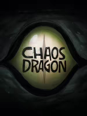 The cover image prominently features a stylized dragon's eye. The eye is centrally positioned, its iris a vibrant green, with the pupil containing the words 'Chaos Dragon'. A vertical line or sword bisects the iris. The eye is surrounded by a dark, shadowy background, suggesting depth, and the overall design has a slightly ominous, yet artistic feel.