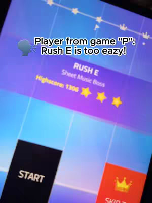 The cover image showcases a game screen from Magic Tiles 3, with 'RUSH E' highlighted. The text overlay shows commentary about the game's difficulty. The layout includes elements from the game, such as the start button and high score. The color scheme is vibrant with a focus on blue, purple, and orange/red tones.