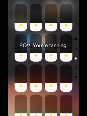 The image is a screenshot from a phone. The main focus is on the control panel of the phone with various sliders, seemingly representing adjustments for tanning levels in the form of shadows. The background appears to be the phone's settings interface, with a dark theme dominating the colors and with light icons in different locations. The text overlay says, "POV: You're tanning."