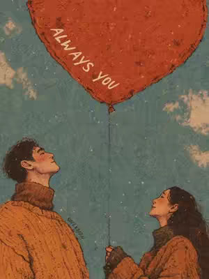 An artistic illustration of a couple looking upward, with a heart-shaped balloon floating between them. The balloon, held by both individuals via a string, has the words "ALWAYS YOU" written on it. The background is a textured, watercolor-like blend of blues and off-white, reminiscent of a cloudy sky. The couple is dressed in warm-toned clothing, with the man wearing a light orange sweater and the woman in a complementary outfit. The artwork evokes a sense of tenderness and togetherness.