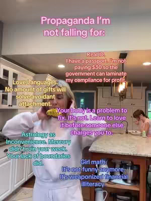 A woman in a white sweatshirt is holding a yellow item near her mouth. Overlaid on the image are various text blurbs in different colors, discussing topics like astrology, real ID, and self-love.