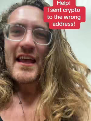 A man with long hair and glasses is in a close-up shot, appearing to speak to the camera with a concerned expression. A red rectangular box with white text overlays the image, indicating the video's central question or concern: "I sent crypto to the wrong address!"