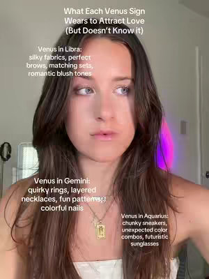 A young woman is centered in the frame, looking slightly off-center. The background has a soft glow of color. Text overlays describe Venus sign fashion preferences.
