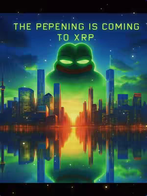 An illustrated image portraying a futuristic cityscape with a large, glowing green Pepe frog image in the center and text overlay. The background is a night scene with various illuminated skyscrapers reflected in the water below. The color scheme is dominated by blues and greens, with highlights of yellow and orange.
