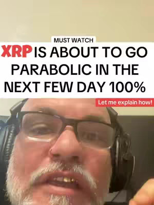 A selfie-style video cover with a man in glasses and headphones, overlaid with text predicting a price increase for XRP. The man is looking at the camera, with text boxes positioned above and below his image.