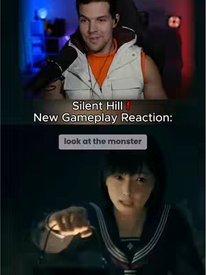 The image is a split-screen. The top half shows a man with a dark beard, wearing an orange shirt and a cream-colored vest, with a microphone in front of him. He is smiling. The bottom half shows a gaming screen with a dark-haired woman in a sailor uniform looking intently at something off-screen. The text on the image reads, Silent Hill f
New Gameplay Reaction: and look at the monster.