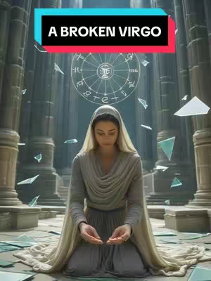 A woman kneels on a stone floor, surrounded by large columns suggesting an ancient architectural setting. She wears a draped, flowing gray gown and a head covering. Above her head floats a circular design with symbols, and shattered pieces of glass are scattered around. The color scheme is cool, with gray, white, and slight turquoise tones. The composition is centered suggesting a sense of contemplation.