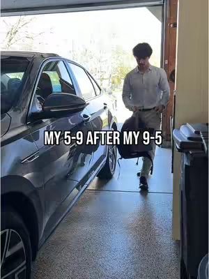 The video cover is a shot of a well-lit garage with a car visible on the left, and a man in a button-down shirt and khakis emerging from the garage carrying a black bag. Text reading, 'MY 5-9 AFTER MY 9-5' is overlaid on the image.