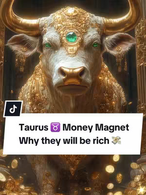 The image features a close-up of a golden bull, likely representing the Taurus zodiac sign. The bull has green eyes and is adorned with gold ornaments, including a large emerald on its forehead. A banner with text overlays the bottom of the image, which promotes the zodiac sign in Astrology. The overall color palette is dominated by gold and white, with touches of green.