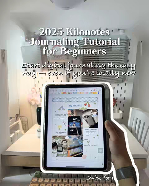 The cover image shows a close-up of an iPad held in a hand, displaying a digital journaling page. The iPad is set against a backdrop of a white desk with a keyboard, and other desktop accessories. Overlayed text provides a tutorial title.