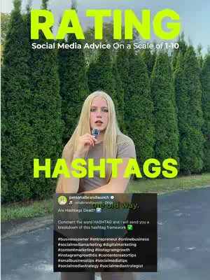 The cover image features a woman standing outside in front of a row of green bushes. The text overlay is displayed in bright neon green. The title is 'RATING', followed by 'Social Media Advice On a Scale of 1-10', and then the word 'HASHTAGS'. A social media post screenshot is displayed below the woman.