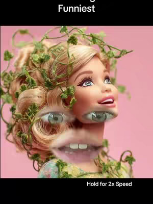 A composite image featuring a Barbie doll face with exaggerated features. The original eyes have been replaced with another pair below, and the mouth has been repositioned below those. Green plant leaves partially frame the doll's hair. The background color is a solid pink, with black bars at the top and bottom.