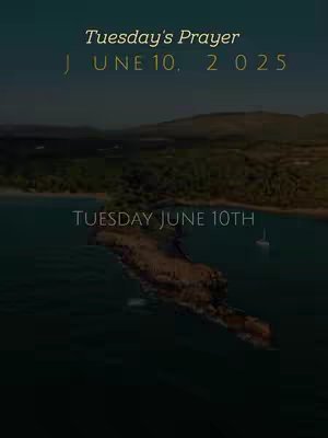 A serene aerial view of a small island with lush greenery, surrounded by calm turquoise waters. The sky transitions from a dark teal at the top to a lighter hue towards the horizon, indicating a dawn or dusk scene. Text overlays are positioned to give context.