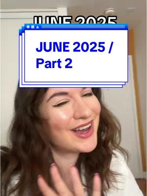 A woman with long brown hair and makeup is smiling and looking at the camera. She is set against an indoor background with a text overlay that says 'JUNE 2025 / Part 2' within a stylized digital window frame.