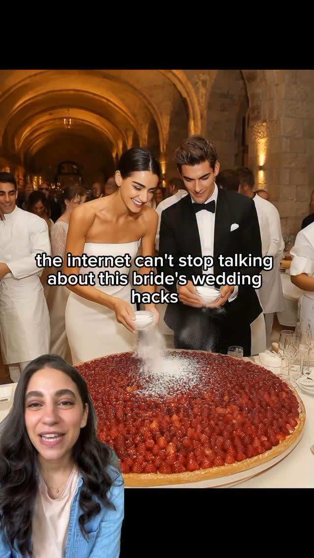 The cover image shows a candid wedding scene with an overlayed hook text. The scene is set in a grand arched hall with ambient lighting. In the foreground, a bride in a white strapless dress and a groom in a black tuxedo sprinkle powdered sugar over a large strawberry tart. In the bottom left corner, a separate video of a woman appears. Behind the couple are wedding guests and staff.